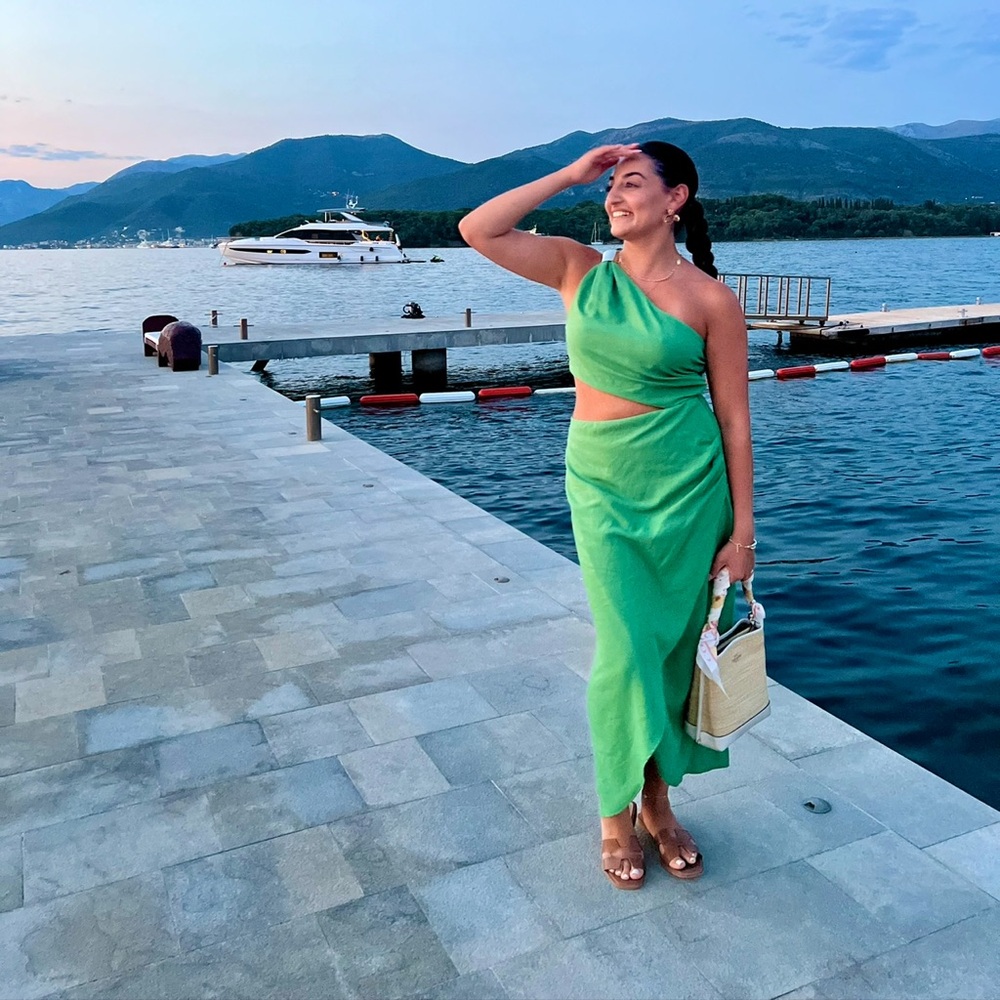 ZARA Green One-Shoulder Linen Dress (Gold Hardware)